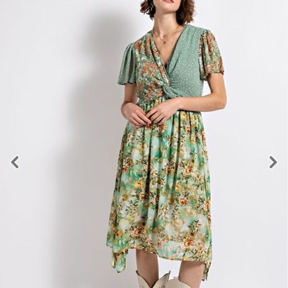 NEW! Twist Front Elastic Waist Floral Midi Dress with Full Lining and Key Hole - Picture 2 of 7